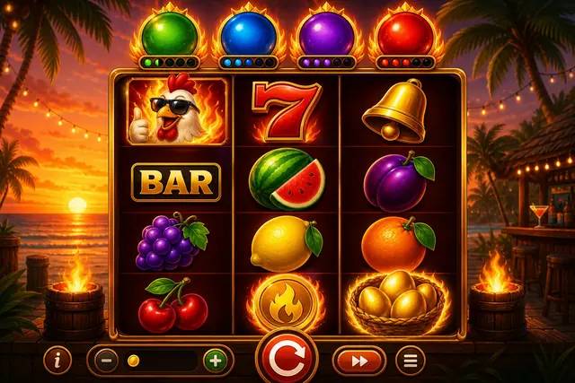 Chicken Fire base game: 3x3 fruit grid with coins, Collect and jackpot meters