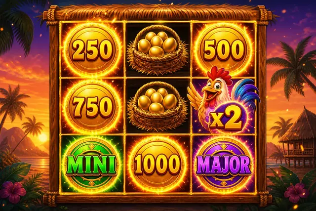 Chicken Fire Hold and Win bonus with sticky coins, Collect baskets and a chicken multiplier